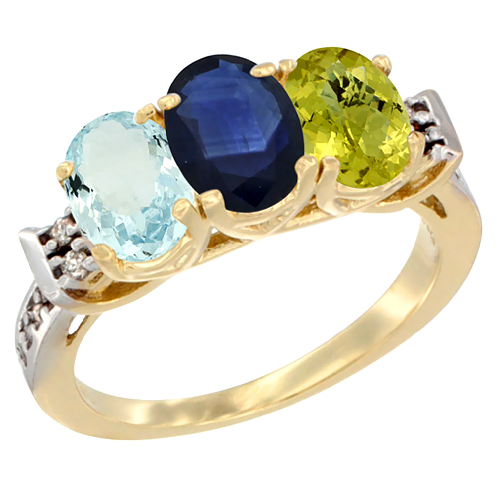 14K Yellow Gold Natural Aquamarine, Blue Sapphire & Lemon Quartz Ring 3-Stone Oval 7x5 mm Diamond Accent, sizes 5 - 10