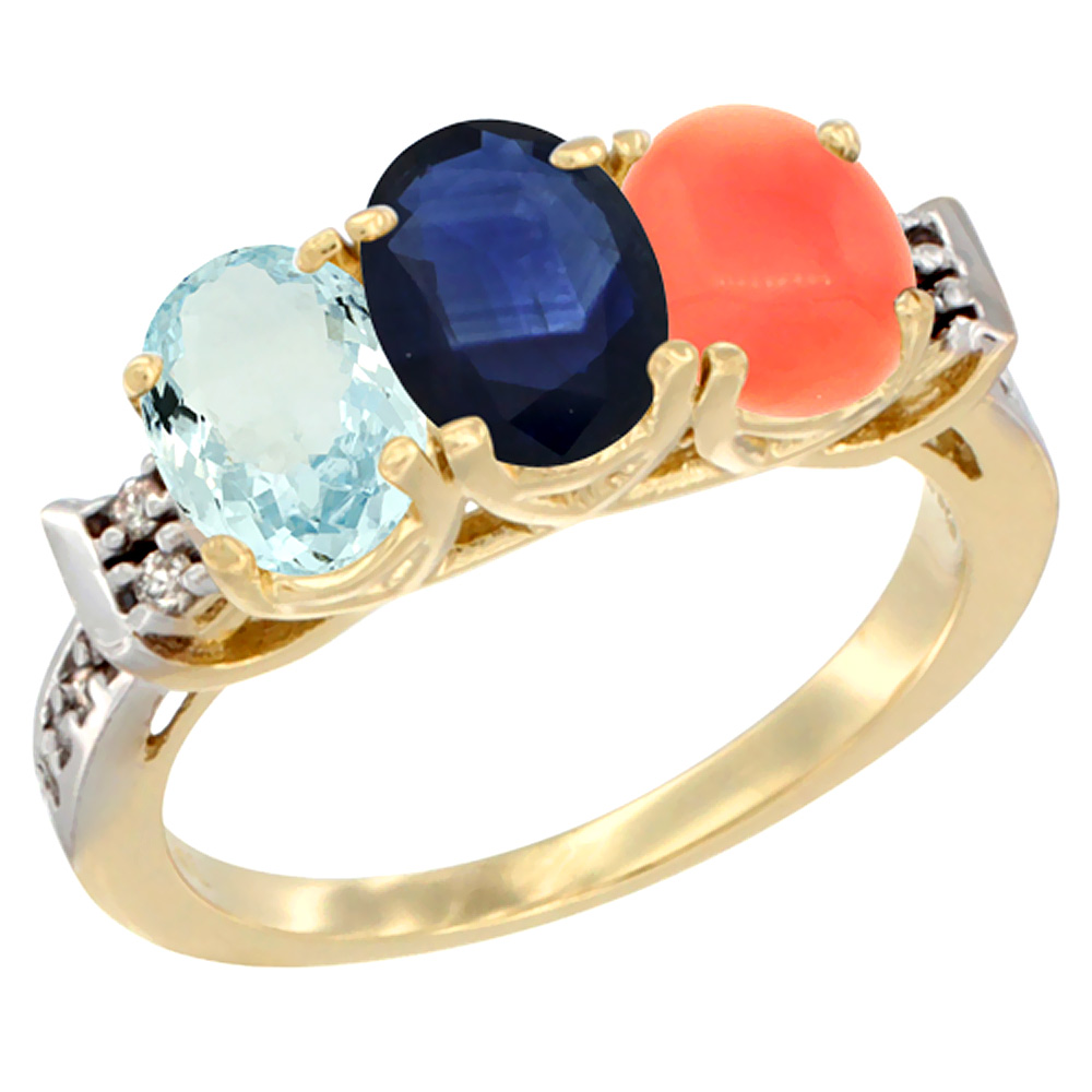 14K Yellow Gold Natural Aquamarine, Blue Sapphire &amp; Coral Ring 3-Stone Oval 7x5 mm Diamond Accent, sizes 5 - 10