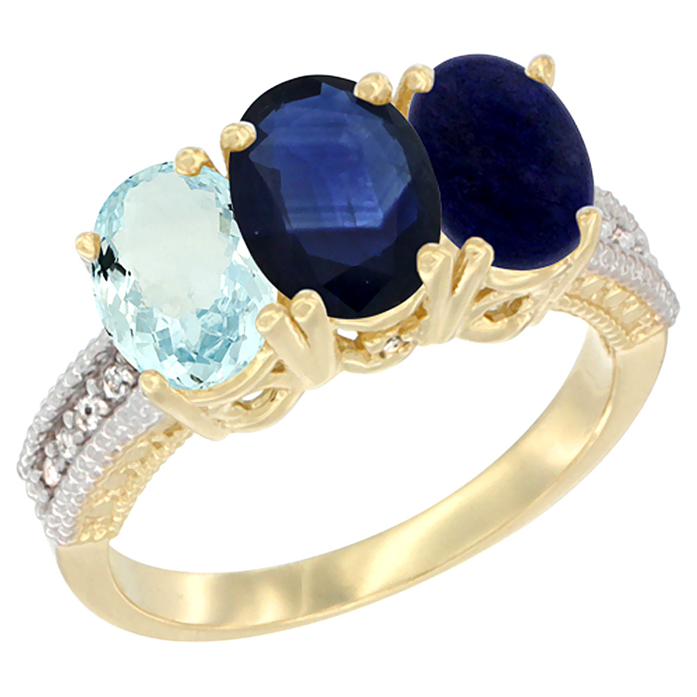 14K Yellow Gold Natural Aquamarine, Blue Sapphire &amp; Lapis Ring 3-Stone Oval 7x5 mm Diamond Accent, sizes 5 - 10