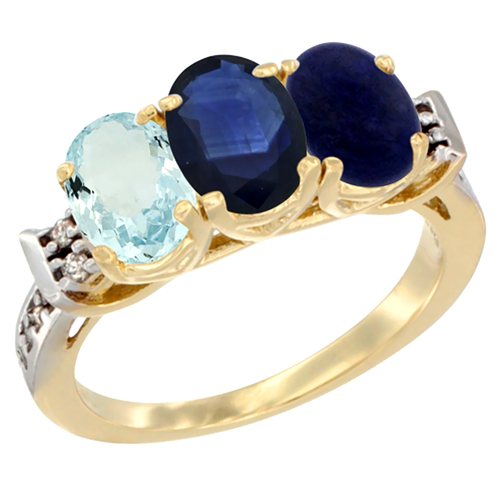 14K Yellow Gold Natural Aquamarine, Blue Sapphire & Lapis Ring 3-Stone Oval 7x5 mm Diamond Accent, sizes 5 - 10