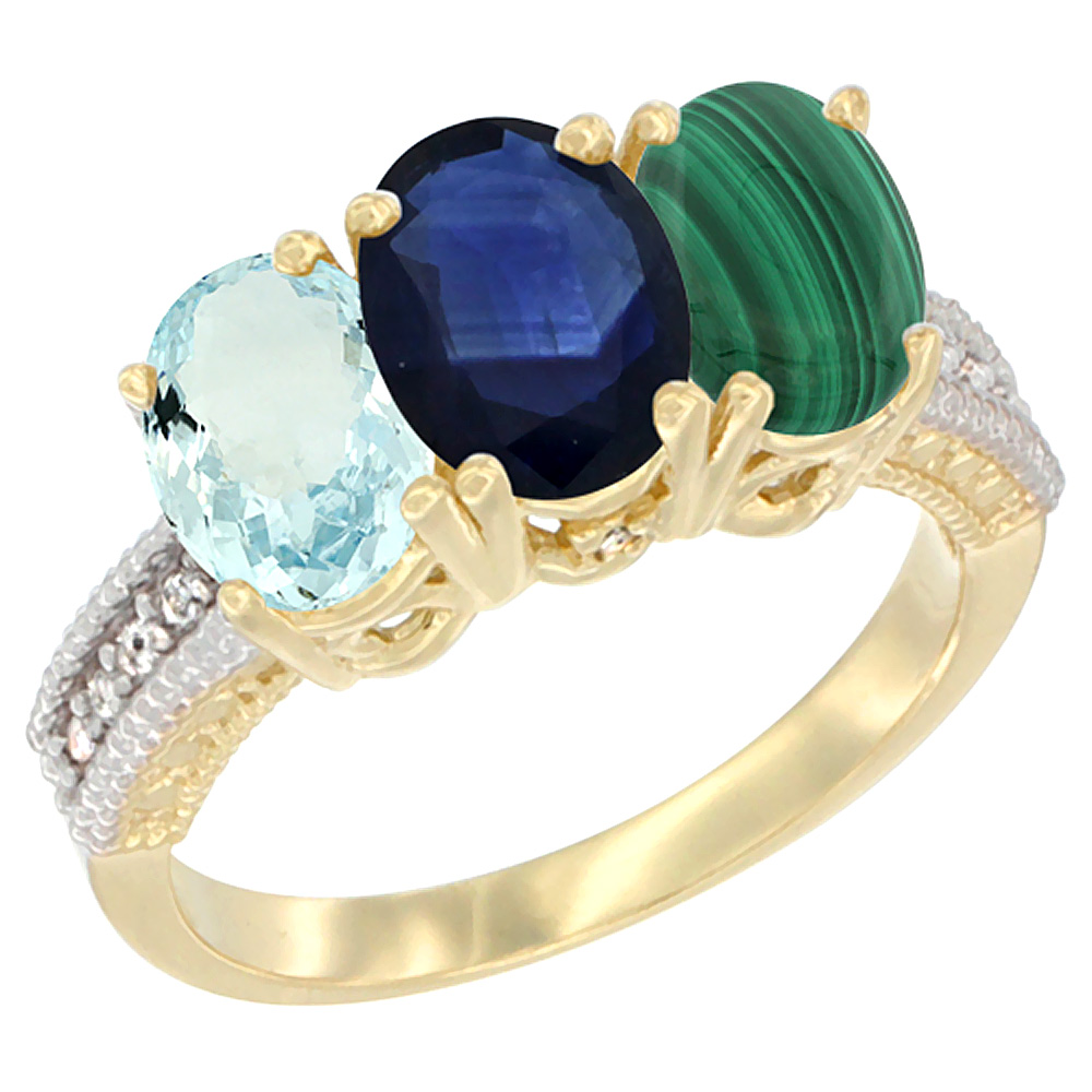 14K Yellow Gold Natural Aquamarine, Blue Sapphire & Malachite Ring 3-Stone Oval 7x5 mm Diamond Accent, sizes 5 - 10