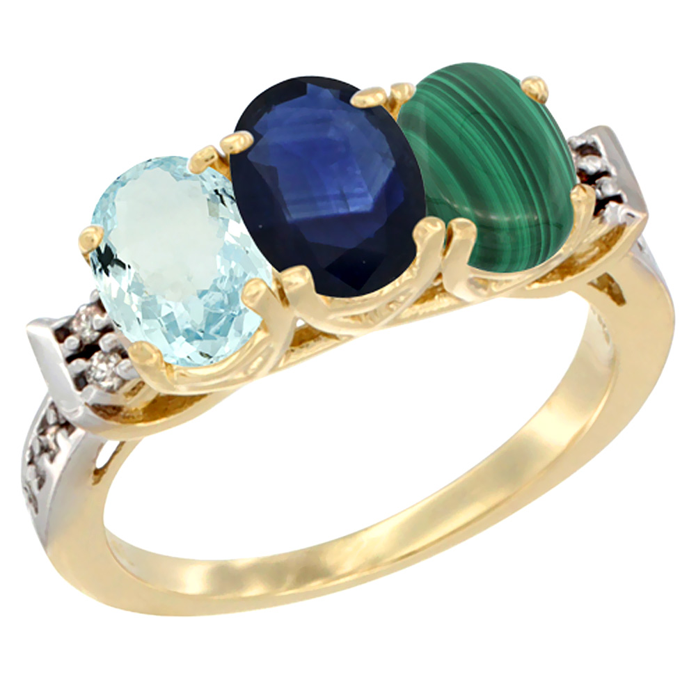 14K Yellow Gold Natural Aquamarine, Blue Sapphire &amp; Malachite Ring 3-Stone Oval 7x5 mm Diamond Accent, sizes 5 - 10