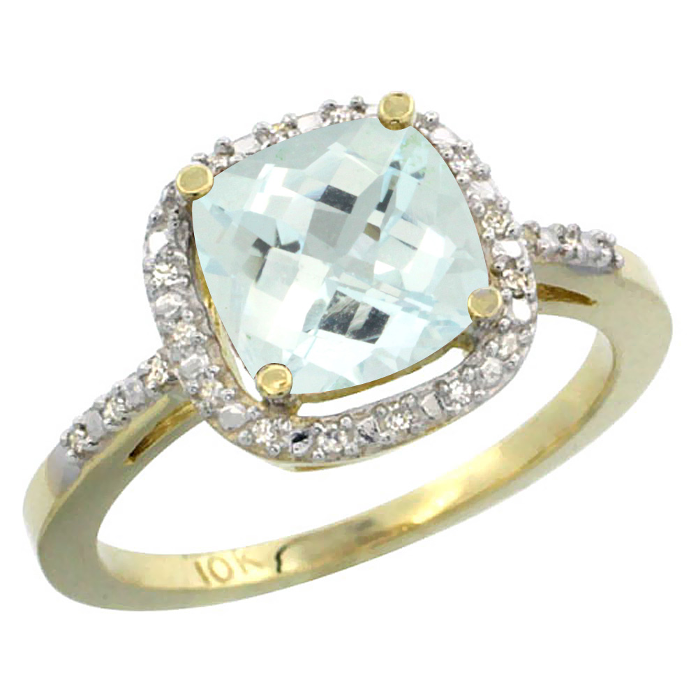 14K Yellow Gold Natural Aquamarine Ring Cushion-cut 8x8mm Diamond Accent, sizes 5-10