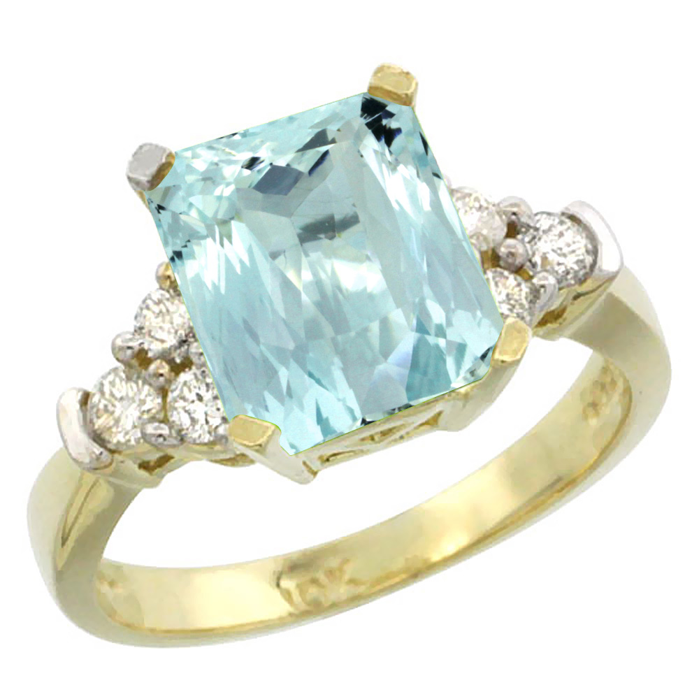 10K Yellow Gold Natural Aquamarine Ring Octagon 9x7mm Diamond Accent, sizes 5-10