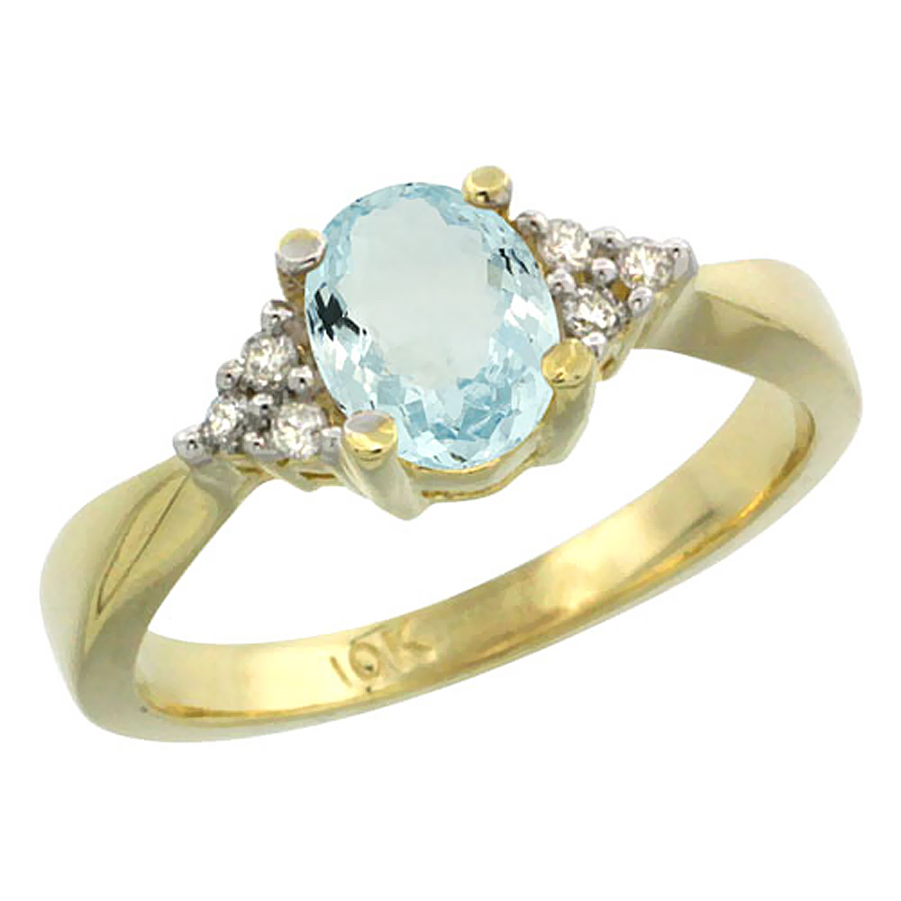 10K Yellow Gold Diamond Natural Aquamarine Engagement Ring Oval 7x5mm, sizes 5-10