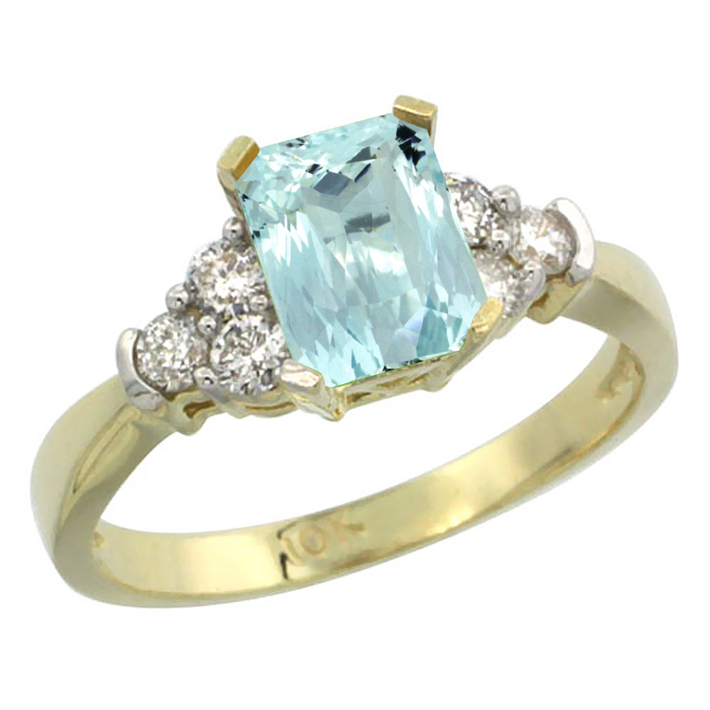 10K Yellow Gold Natural Aquamarine Ring Octagon 7x5mm Diamond Accent, sizes 5-10