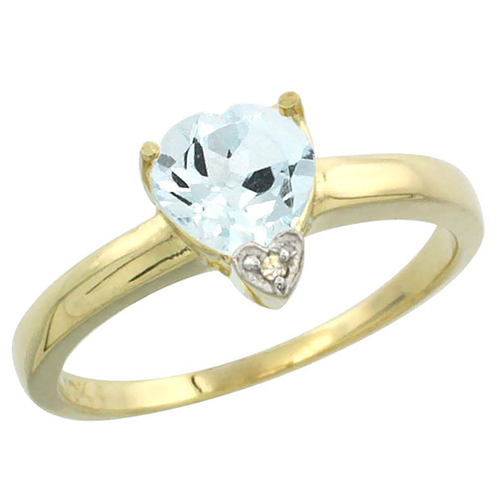 10K Yellow Gold Natural Aquamarine Heart 7x7mm Diamond Accent, sizes 5-10