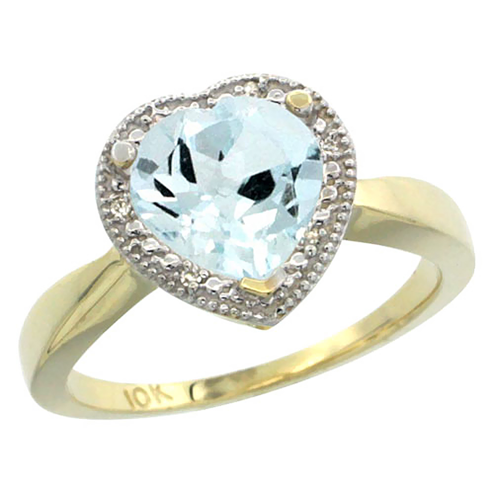 14K Yellow Gold Natural Aquamarine Ring Heart 8x8mm Diamond Accent, sizes 5-10