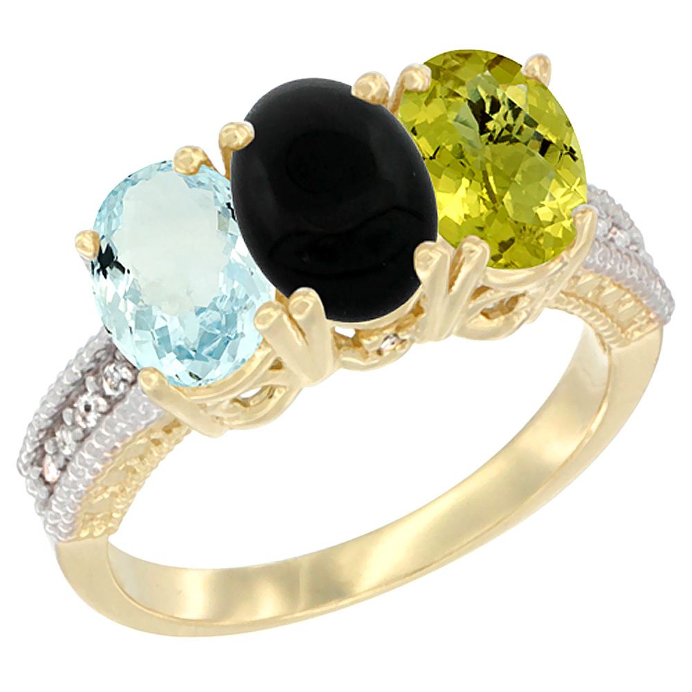 10K Yellow Gold Natural Aquamarine, Black Onyx & Lemon Quartz Ring 3-Stone Oval 7x5 mm, sizes 5 - 10