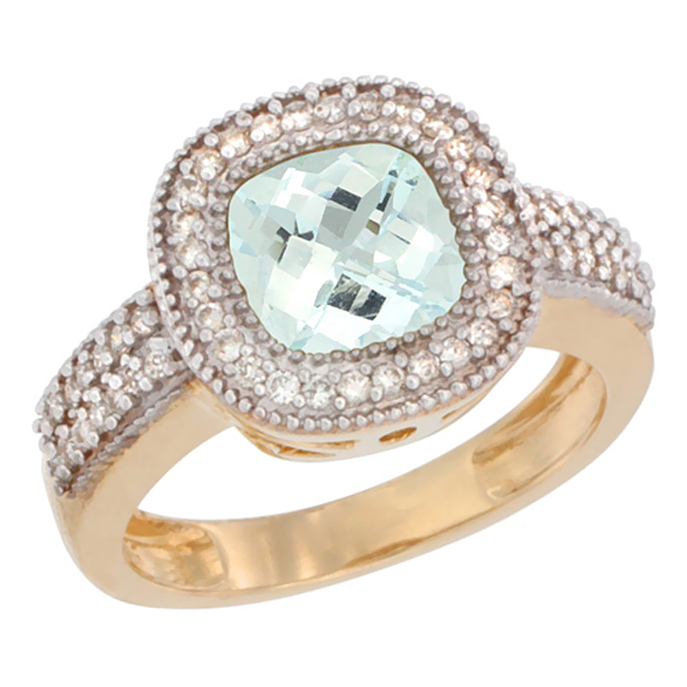 14K Yellow Gold Natural Aquamarine Ring Cushion-cut 7x7mm Diamond Accent, sizes 5-10