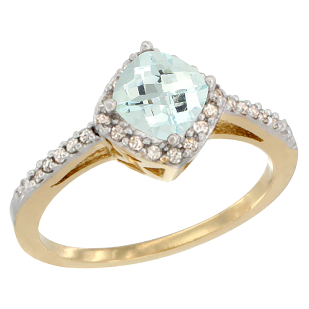 10K Yellow Gold Natural Aquamarine Ring Cushion-cut 6mm Halo Diamond Accent, sizes 5 - 10