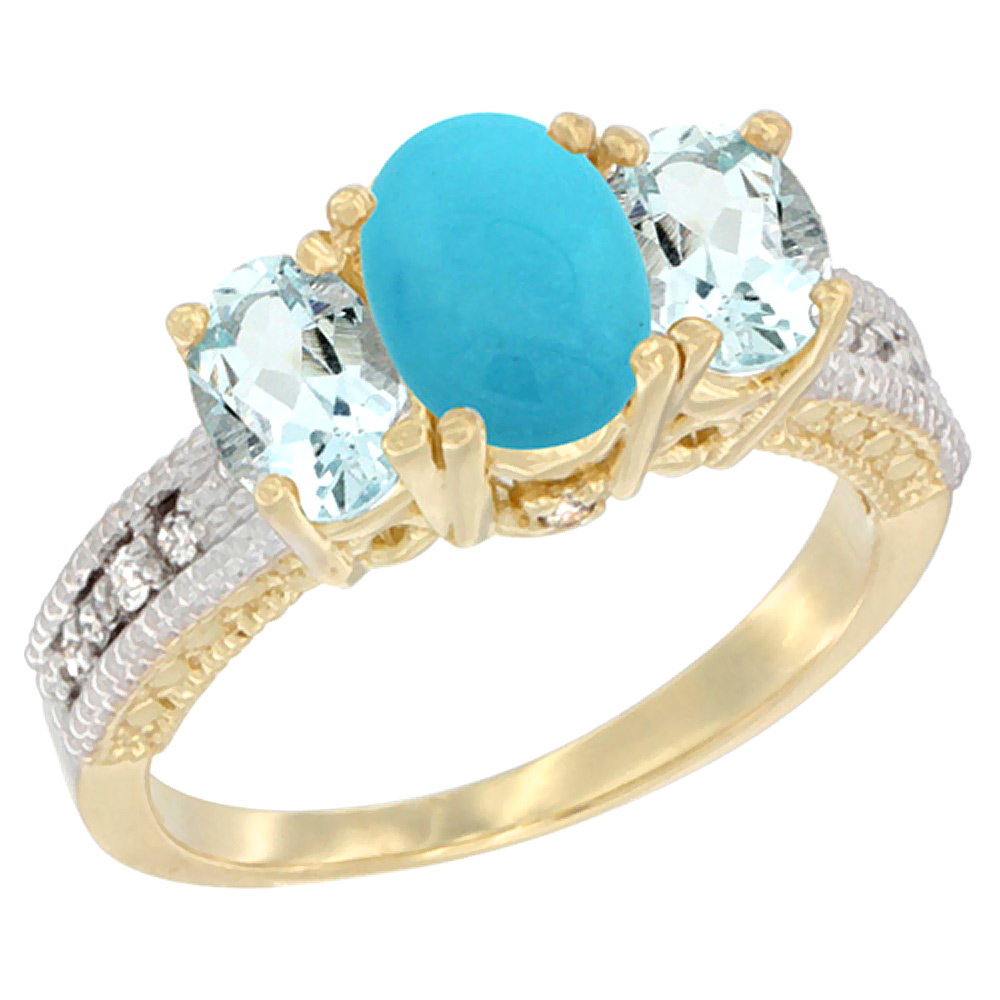 10K Yellow Gold Diamond Natural Turquoise Ring Oval 3-stone with Aquamarine, sizes 5 - 10