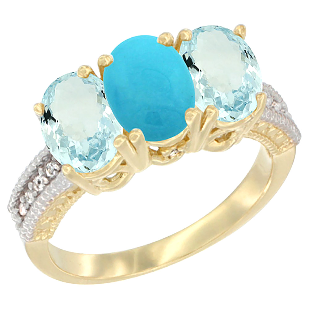 14K Yellow Gold Natural Turquoise & Aquamarine Sides Ring 3-Stone Oval 7x5 mm Diamond Accent, sizes 5 - 10