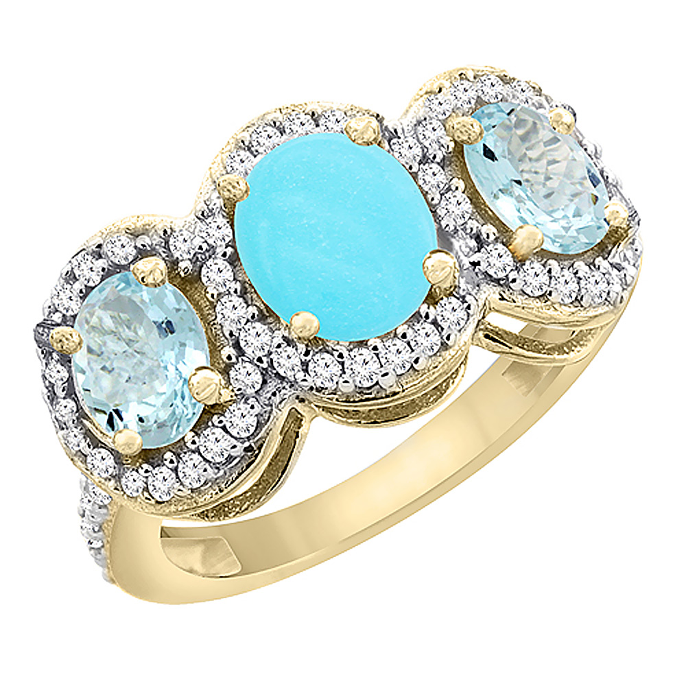 10K Yellow Gold Natural Turquoise & Aquamarine 3-Stone Ring Oval Diamond Accent, sizes 5 - 10