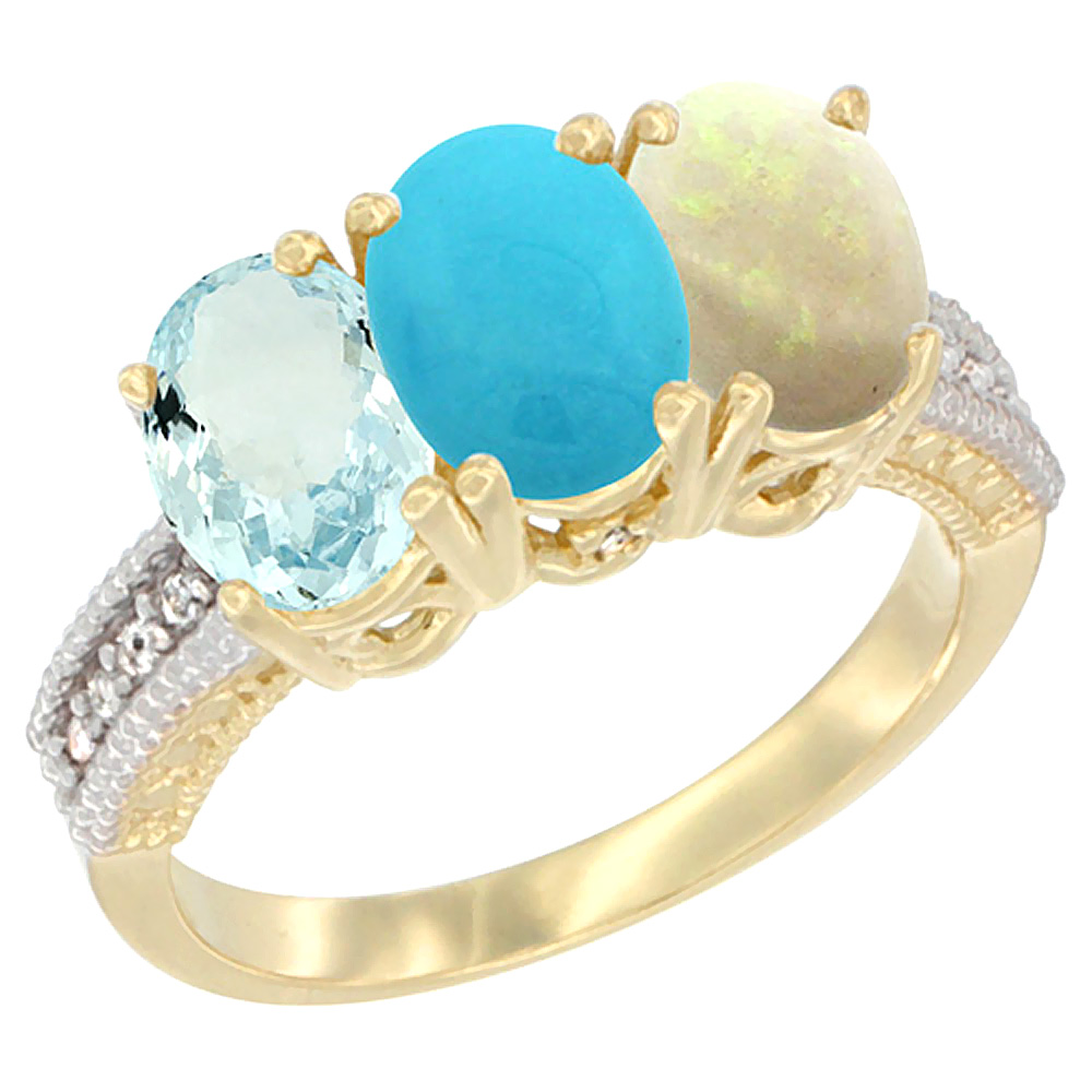 14K Yellow Gold Natural Aquamarine, Turquoise &amp; Opal Ring 3-Stone Oval 7x5 mm Diamond Accent, sizes 5 - 10