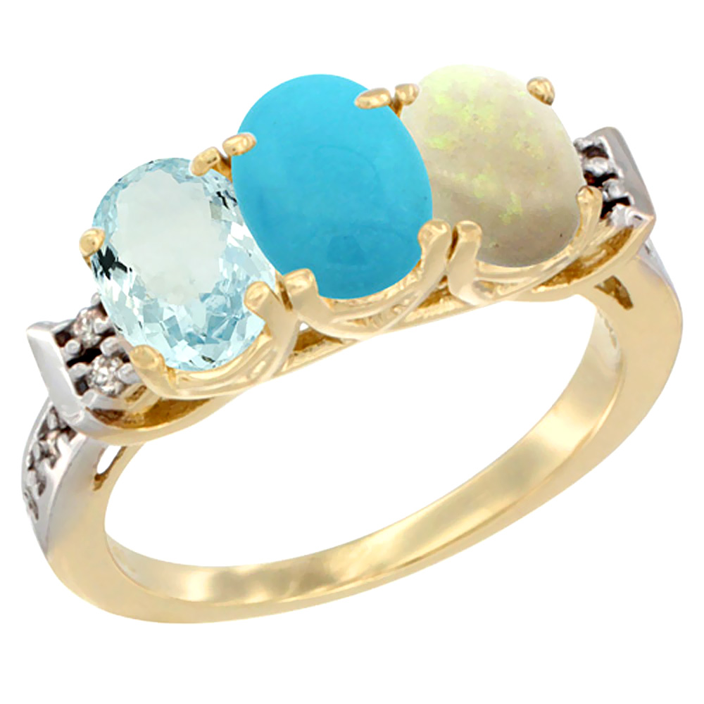 14K Yellow Gold Natural Aquamarine, Turquoise & Opal Ring 3-Stone Oval 7x5 mm Diamond Accent, sizes 5 - 10