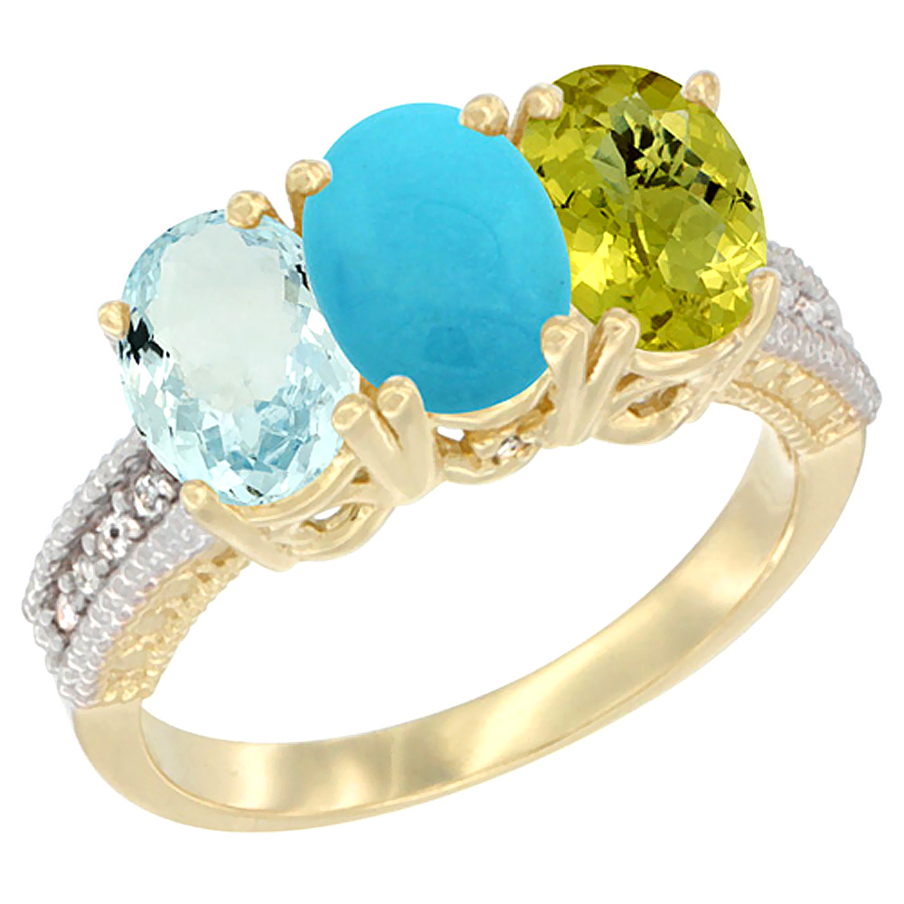 14K Yellow Gold Natural Aquamarine, Turquoise &amp; Lemon Quartz Ring 3-Stone Oval 7x5 mm Diamond Accent, sizes 5 - 10