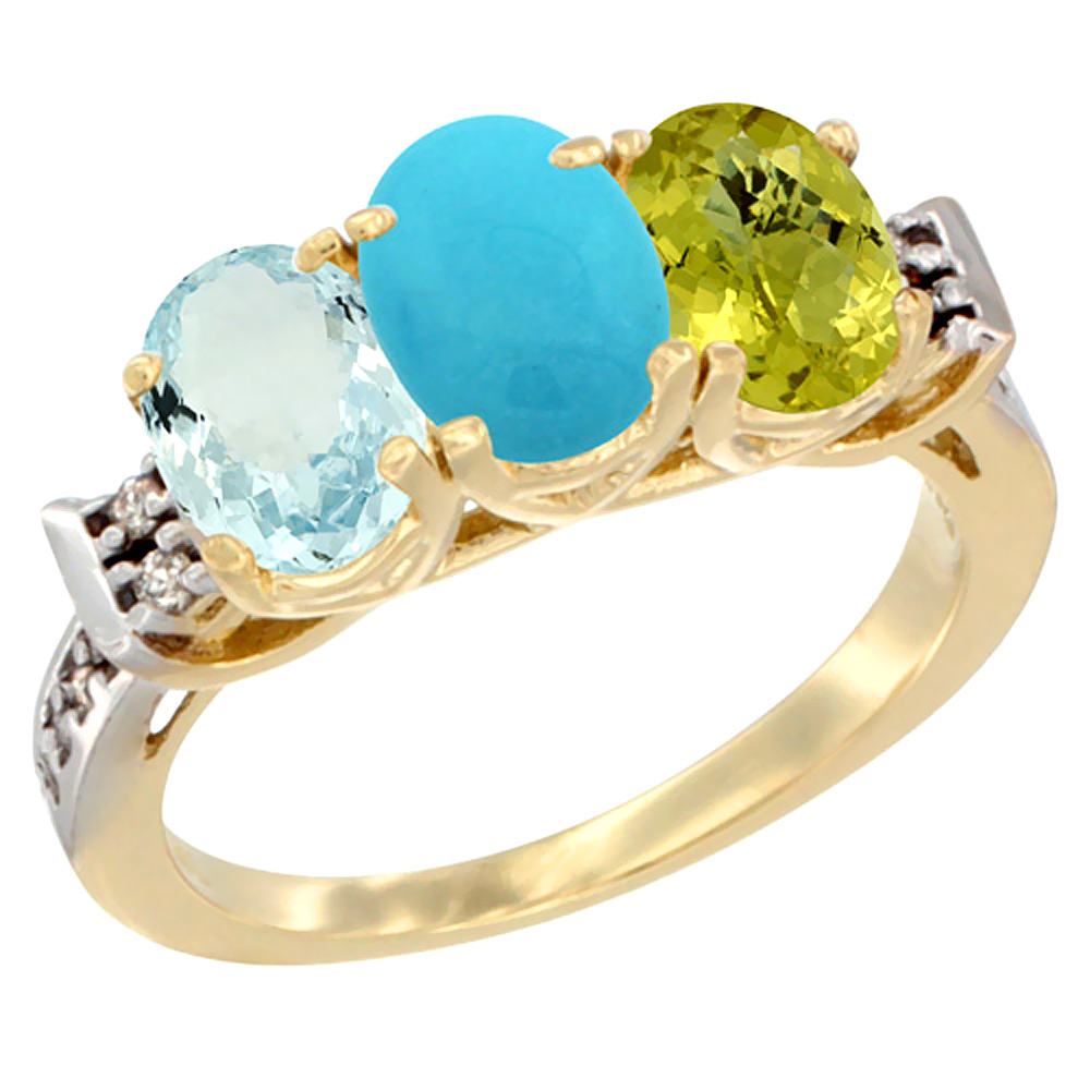 14K Yellow Gold Natural Aquamarine, Turquoise & Lemon Quartz Ring 3-Stone Oval 7x5 mm Diamond Accent, sizes 5 - 10