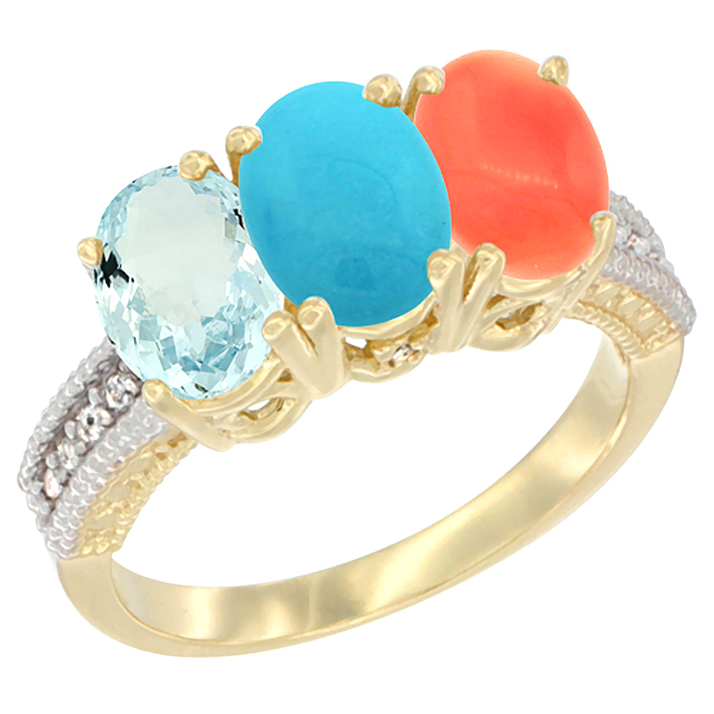 14K Yellow Gold Natural Aquamarine, Turquoise & Coral Ring 3-Stone Oval 7x5 mm Diamond Accent, sizes 5 - 10