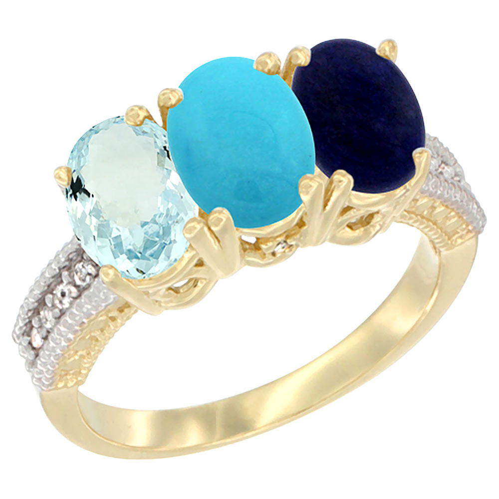 14K Yellow Gold Natural Aquamarine, Turquoise & Lapis Ring 3-Stone Oval 7x5 mm Diamond Accent, sizes 5 - 10