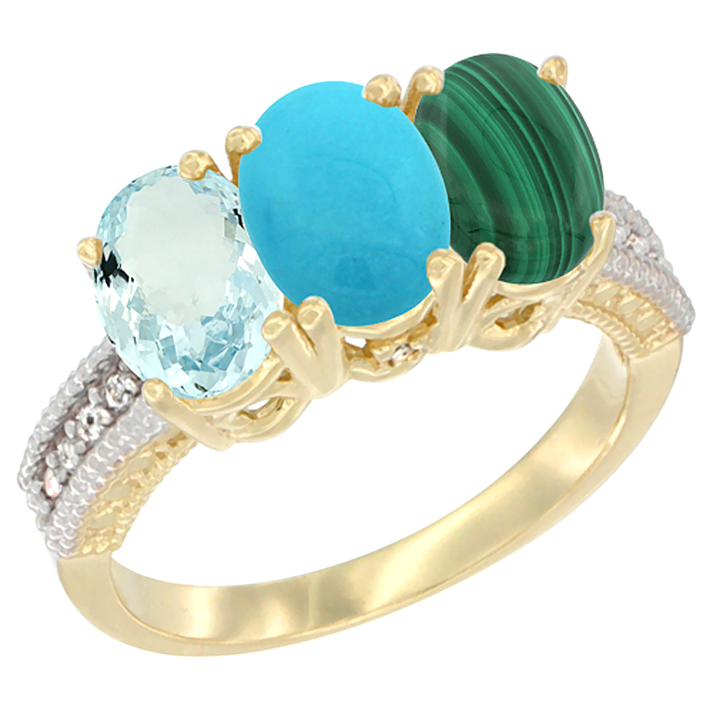 10K Yellow Gold Natural Aquamarine, Turquoise & Malachite Ring 3-Stone Oval 7x5 mm, sizes 5 - 10