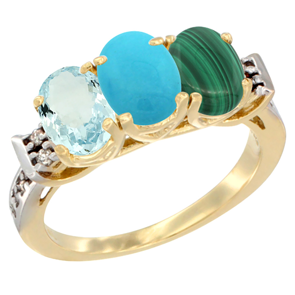 14K Yellow Gold Natural Aquamarine, Turquoise & Malachite Ring 3-Stone Oval 7x5 mm Diamond Accent, sizes 5 - 10