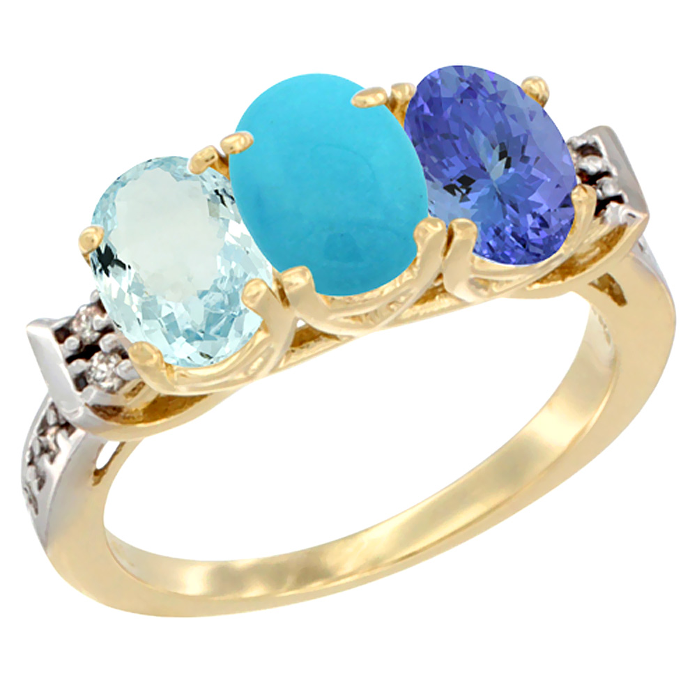 14K Yellow Gold Natural Aquamarine, Turquoise & Tanzanite Ring 3-Stone Oval 7x5 mm Diamond Accent, sizes 5 - 10