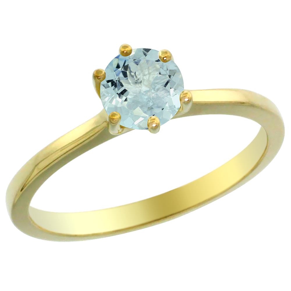 14K Yellow Gold Natural Aquamarine Solitaire Ring Round 6mm, sizes 5 - 10