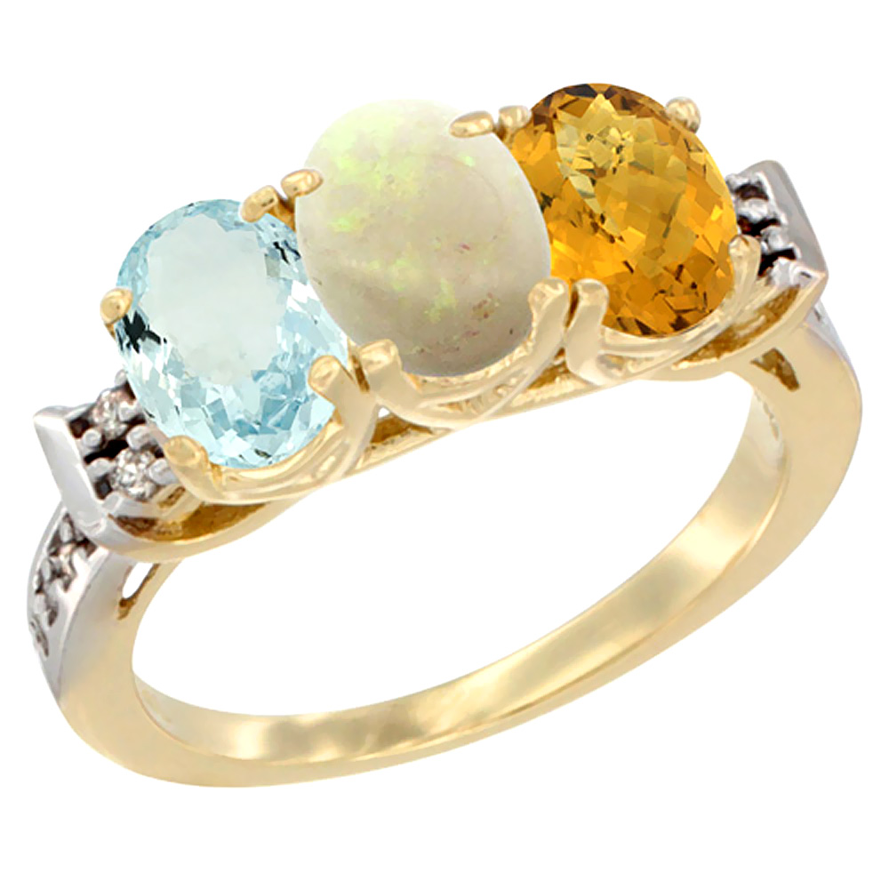 10K Yellow Gold Natural Aquamarine, Opal & Whisky Quartz Ring 3-Stone Oval 7x5 mm Diamond Accent, sizes 5 - 10