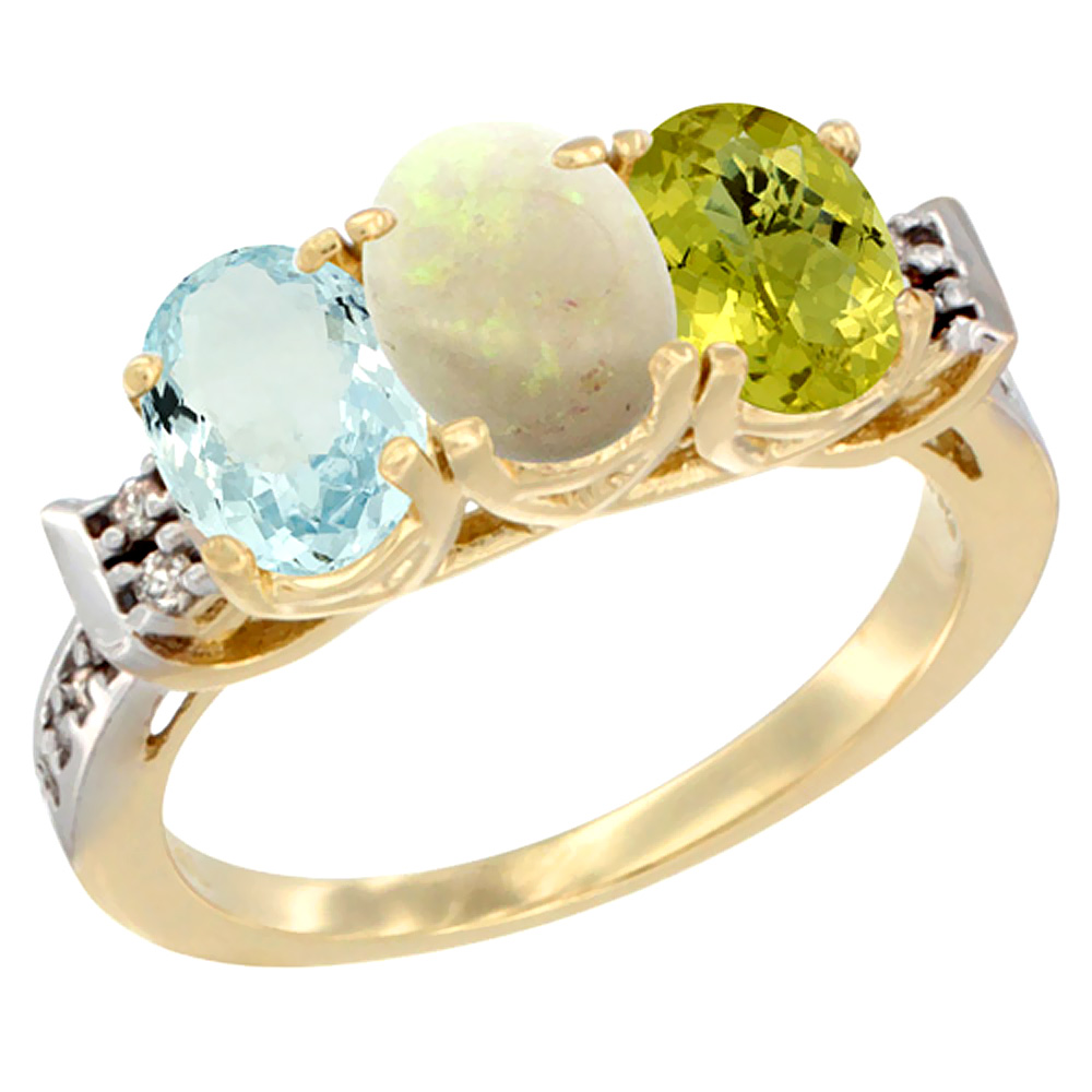 14K Yellow Gold Natural Aquamarine, Opal & Lemon Quartz Ring 3-Stone Oval 7x5 mm Diamond Accent, sizes 5 - 10