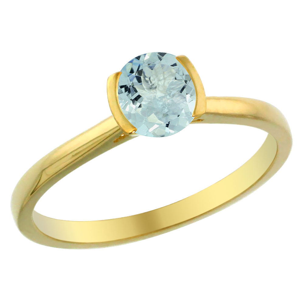 14K Yellow Gold Natural Aquamarine Solitaire Ring Round 5mm, sizes 5 - 10