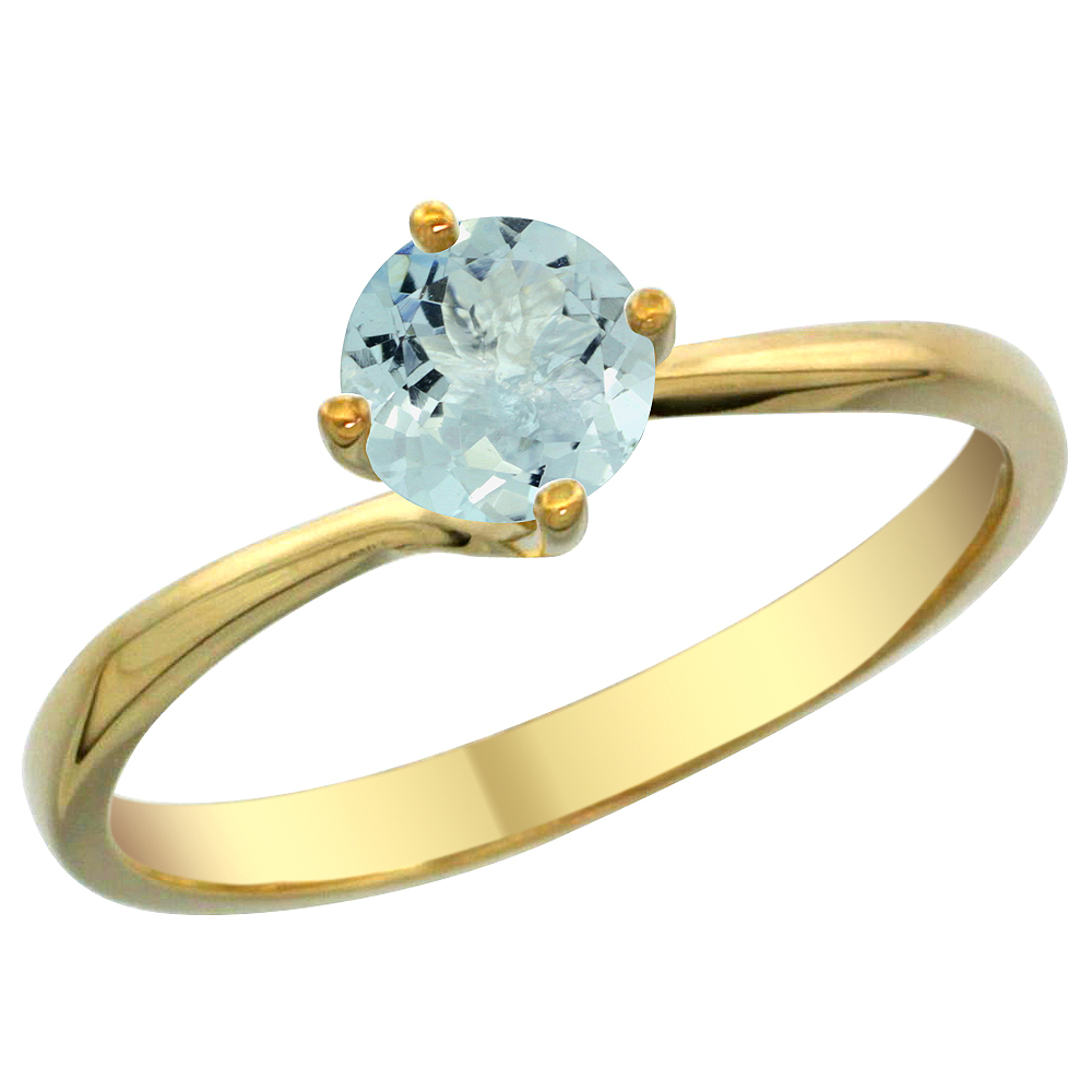 14K Yellow Gold Natural Aquamarine Solitaire Ring Round 6mm, sizes 5 - 10