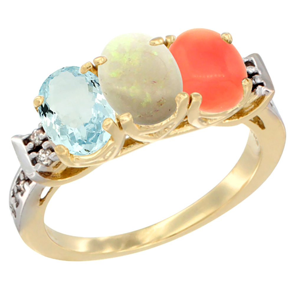 14K Yellow Gold Natural Aquamarine, Opal & Coral Ring 3-Stone Oval 7x5 mm Diamond Accent, sizes 5 - 10