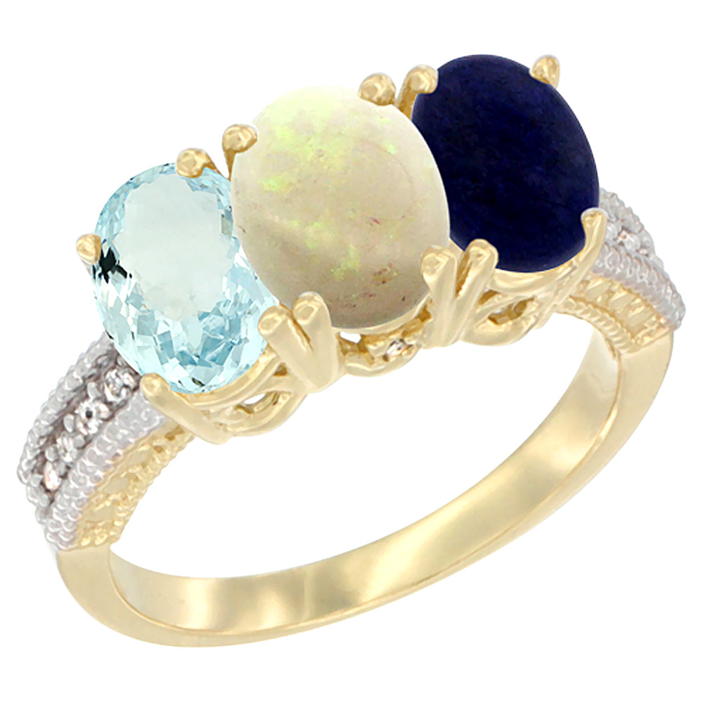 14K Yellow Gold Natural Aquamarine, Opal & Lapis Ring 3-Stone Oval 7x5 mm Diamond Accent, sizes 5 - 10