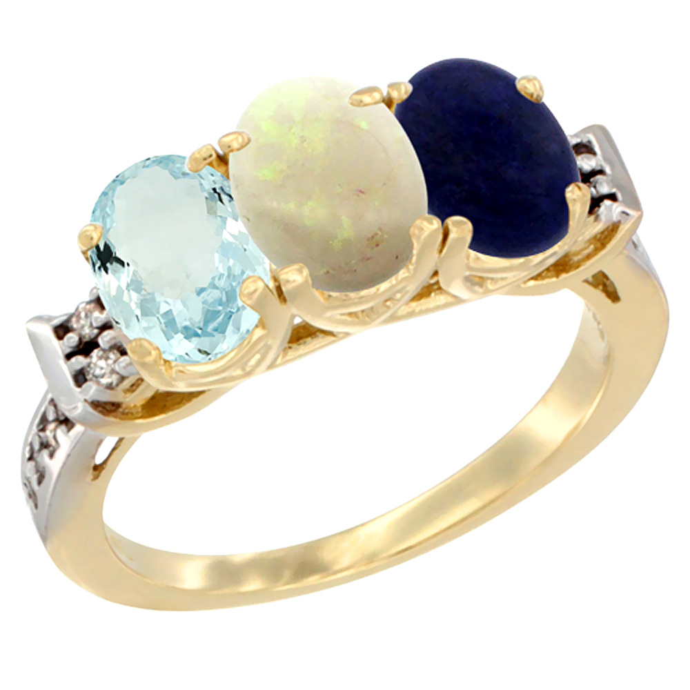 14K Yellow Gold Natural Aquamarine, Opal &amp; Lapis Ring 3-Stone Oval 7x5 mm Diamond Accent, sizes 5 - 10