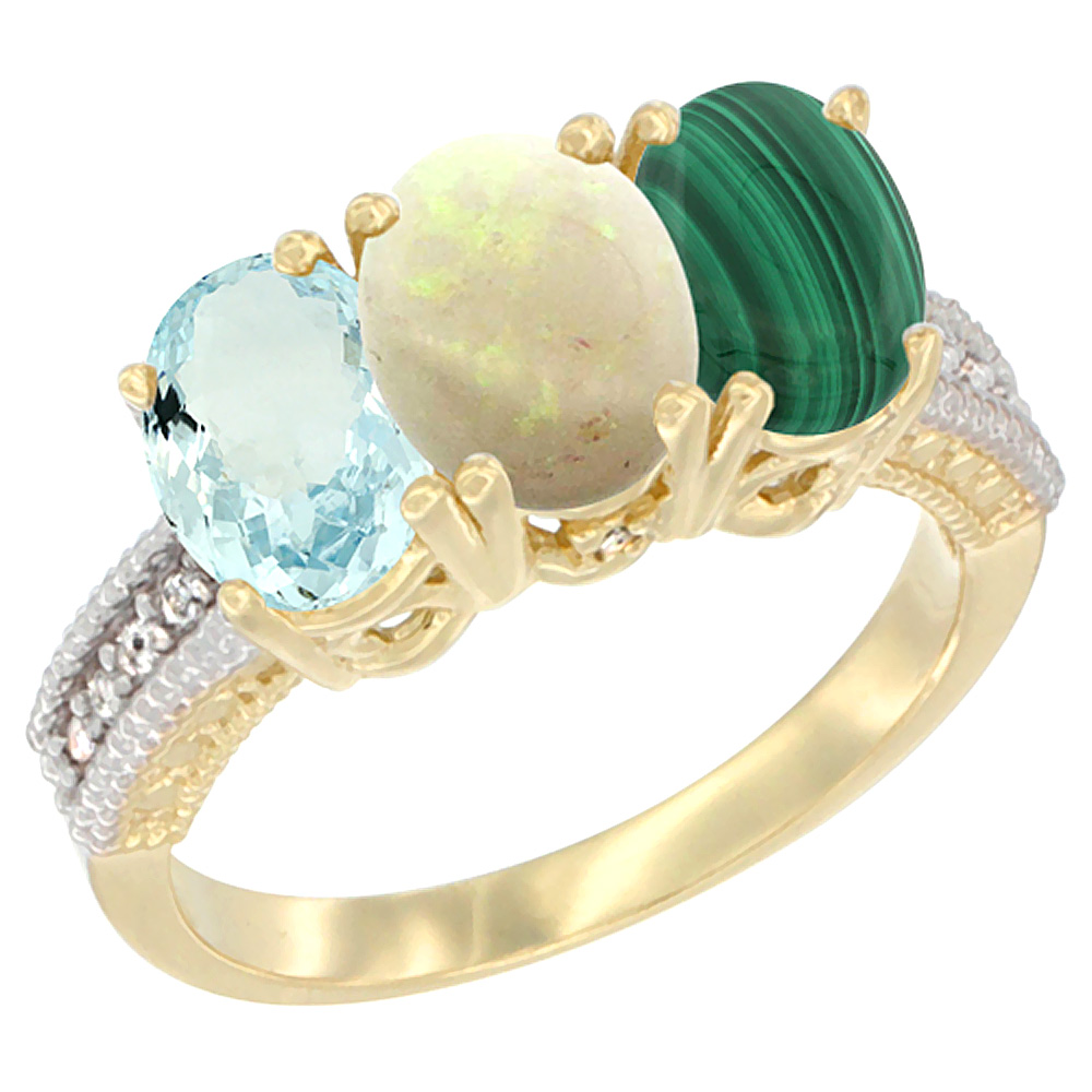 14K Yellow Gold Natural Aquamarine, Opal & Malachite Ring 3-Stone Oval 7x5 mm Diamond Accent, sizes 5 - 10