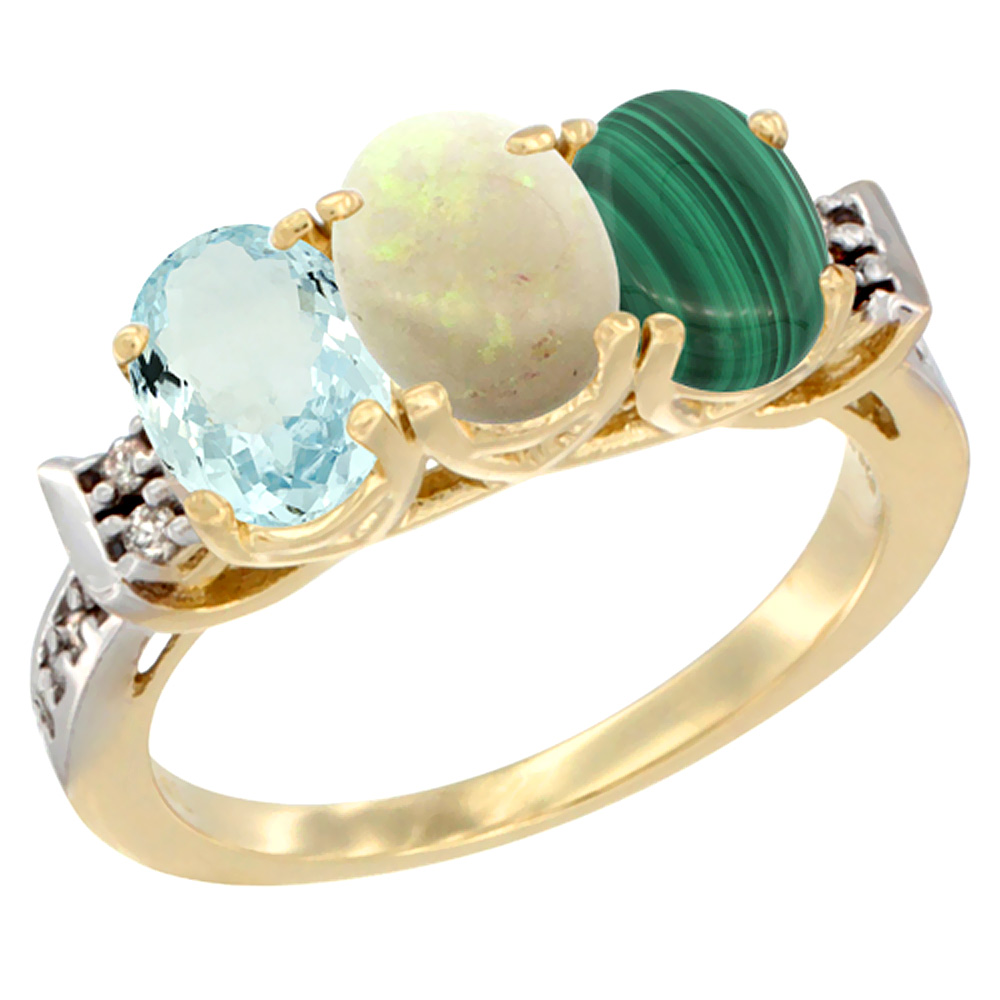 10K Yellow Gold Natural Aquamarine, Opal & Malachite Ring 3-Stone Oval 7x5 mm Diamond Accent, sizes 5 - 10