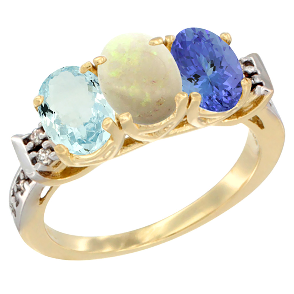 14K Yellow Gold Natural Aquamarine, Opal & Tanzanite Ring 3-Stone Oval 7x5 mm Diamond Accent, sizes 5 - 10