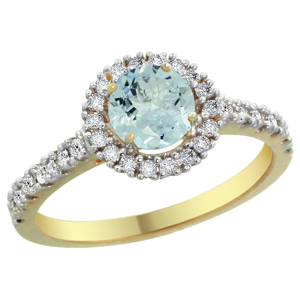 14K Yellow Gold Diamond Halo Natural Aquamarine Ring Round 6mm, sizes 5 - 10