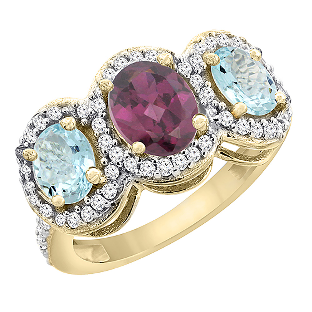 10K Yellow Gold Natural Rhodolite &amp; Aquamarine 3-Stone Ring Oval Diamond Accent, sizes 5 - 10