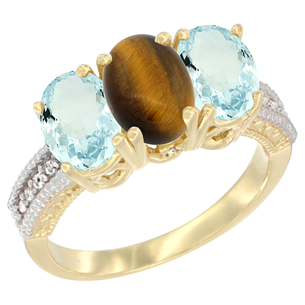 10K Yellow Gold Natural Tiger Eye &amp; Aquamarine Ring 3-Stone Oval 7x5 mm, sizes 5 - 10