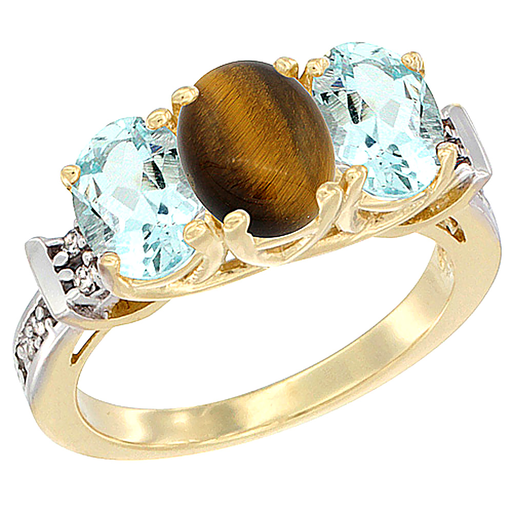 10K Yellow Gold Natural Tiger Eye &amp; Aquamarine Sides Ring 3-Stone Oval Diamond Accent, sizes 5 - 10