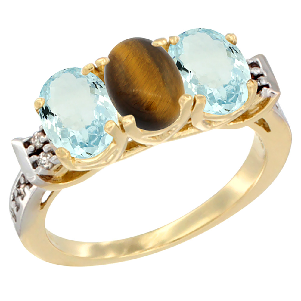 10K Yellow Gold Natural Tiger Eye &amp; Aquamarine Sides Ring 3-Stone Oval 7x5 mm Diamond Accent, sizes 5 - 10