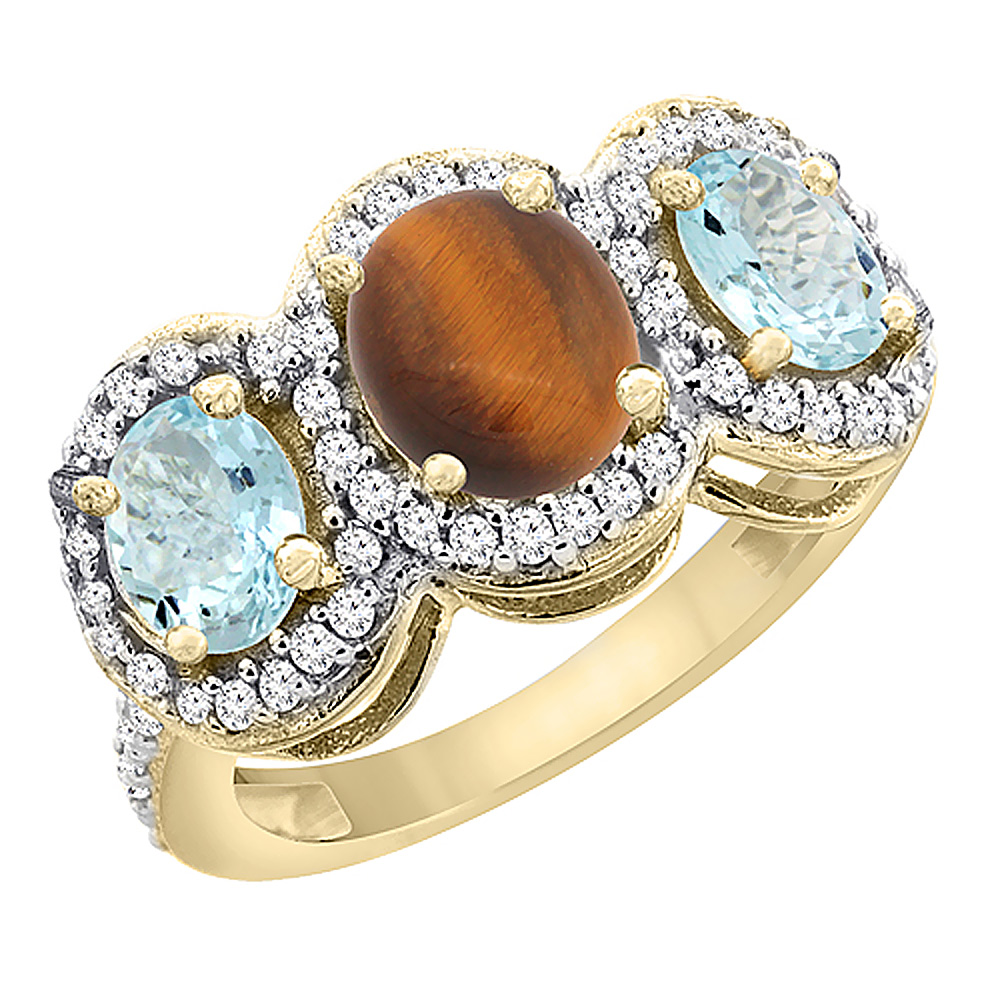 14K Yellow Gold Natural Tiger Eye & Aquamarine 3-Stone Ring Oval Diamond Accent, sizes 5 - 10