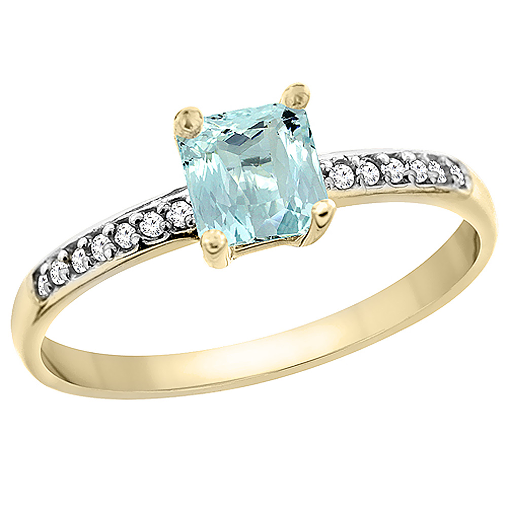 14K Yellow Gold Natural Aquamarine Ring Octagon 7x5 mm Diamond Accents