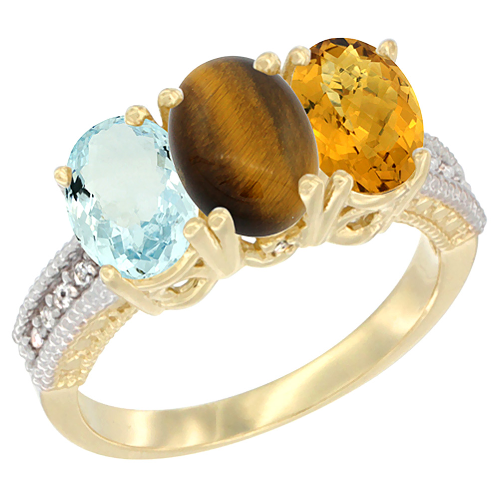 10K Yellow Gold Natural Aquamarine, Tiger Eye &amp; Whisky Quartz Ring 3-Stone Oval 7x5 mm, sizes 5 - 10