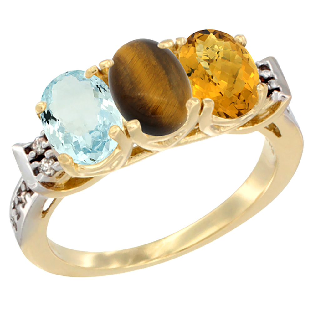 14K Yellow Gold Natural Aquamarine, Tiger Eye &amp; Whisky Quartz Ring 3-Stone Oval 7x5 mm Diamond Accent, sizes 5 - 10