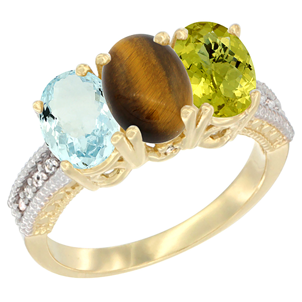 10K Yellow Gold Natural Aquamarine, Tiger Eye & Lemon Quartz Ring 3-Stone Oval 7x5 mm, sizes 5 - 10