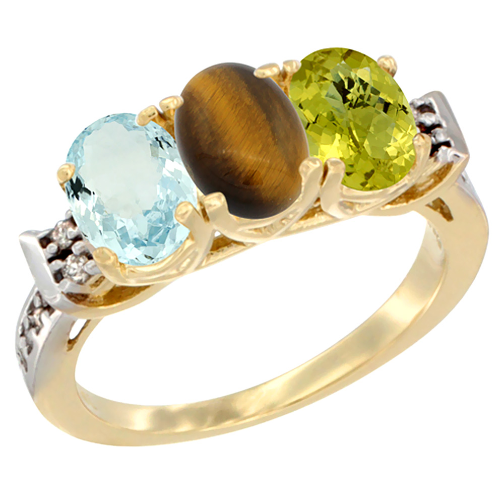 10K Yellow Gold Natural Aquamarine, Tiger Eye &amp; Lemon Quartz Ring 3-Stone Oval 7x5 mm Diamond Accent, sizes 5 - 10