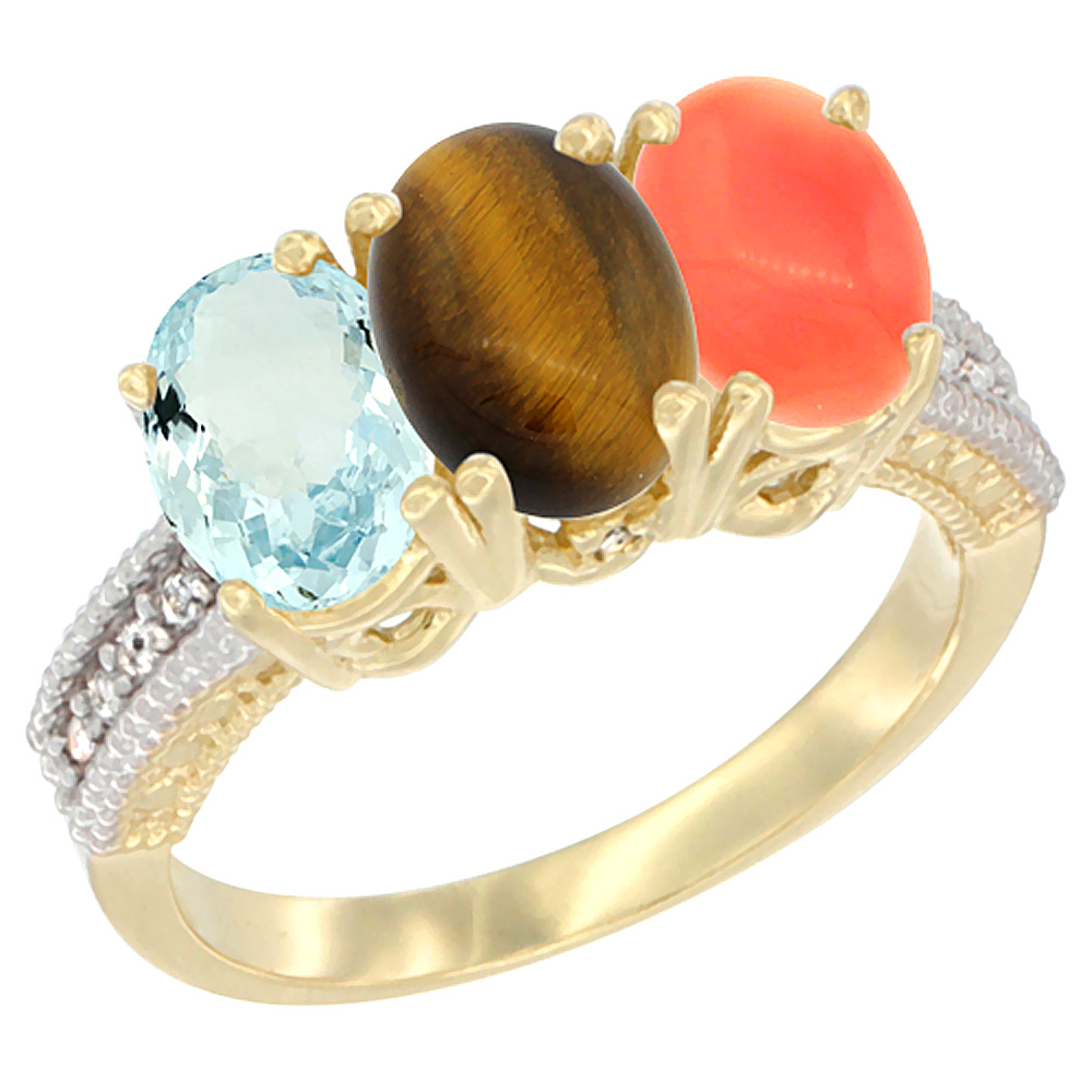 14K Yellow Gold Natural Aquamarine, Tiger Eye & Coral Ring 3-Stone Oval 7x5 mm Diamond Accent, sizes 5 - 10